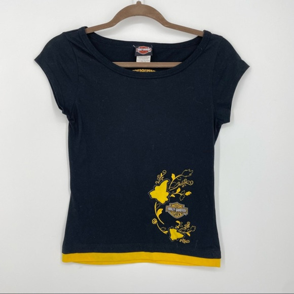Harley-Davidson‎ Embroidered T shirt Ladies Sz S Black/Yellow crop top - Picture 1 of 7